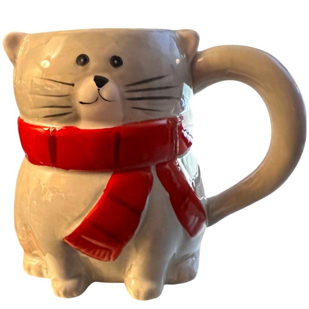 Merry & Bright Cat Mug with Red Scarf – Christmas Kitty Coffee Cup Ceramic